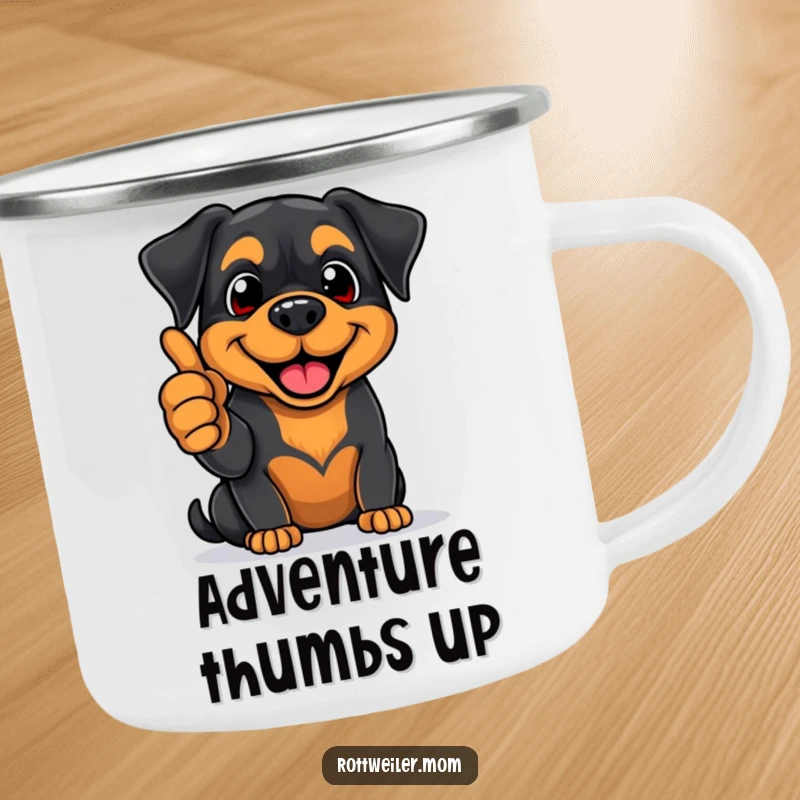 Funny Rottweiler camping mug featuring an enthusiastic pup giving a thumbs-up with a big smile, perfect for outdoor positivity.