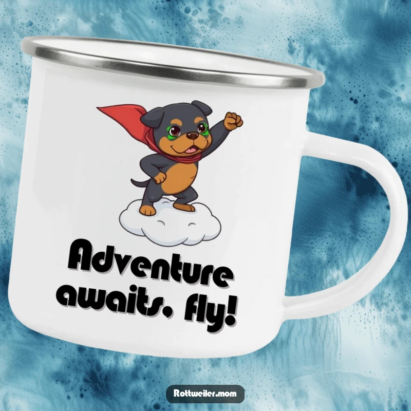 Funny camping mug with a Rottweiler striking a superhero pose on a small cloud, perfect for outdoor heroes.
