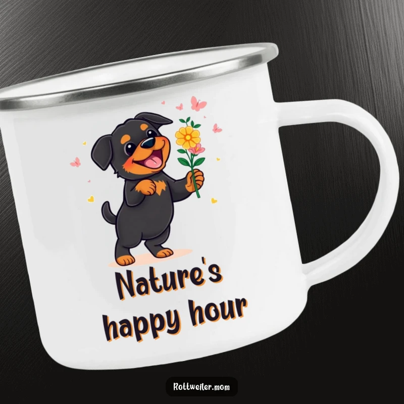 Funny Rottweiler Camping Mug: A durable mug showing a rottweiler dancing with flowers, perfect for outdoor adventures and hot drinks.