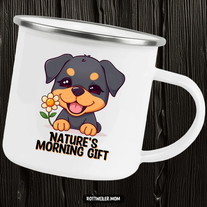 Funny Kawaii Rottweiler Camping Mug with a cute dog winking and offering a single flower, perfect for outdoor cheer.