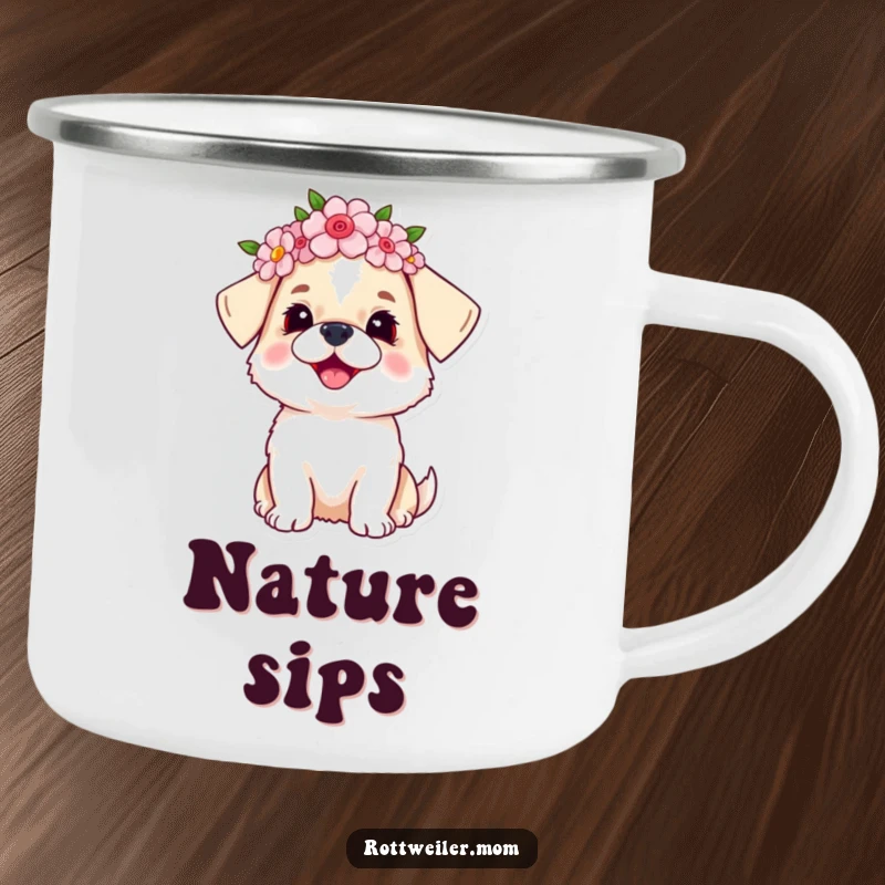 Funny dog camping mug showing a small dog wearing a flower crown, looking upwards with pure joy, ready for outdoor adventures.