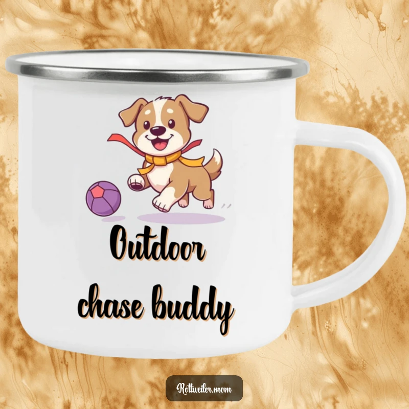 Funny Playful Dog Camping Mug: Dog with a ribbon chases a ball, a humorous and durable outdoor companion.