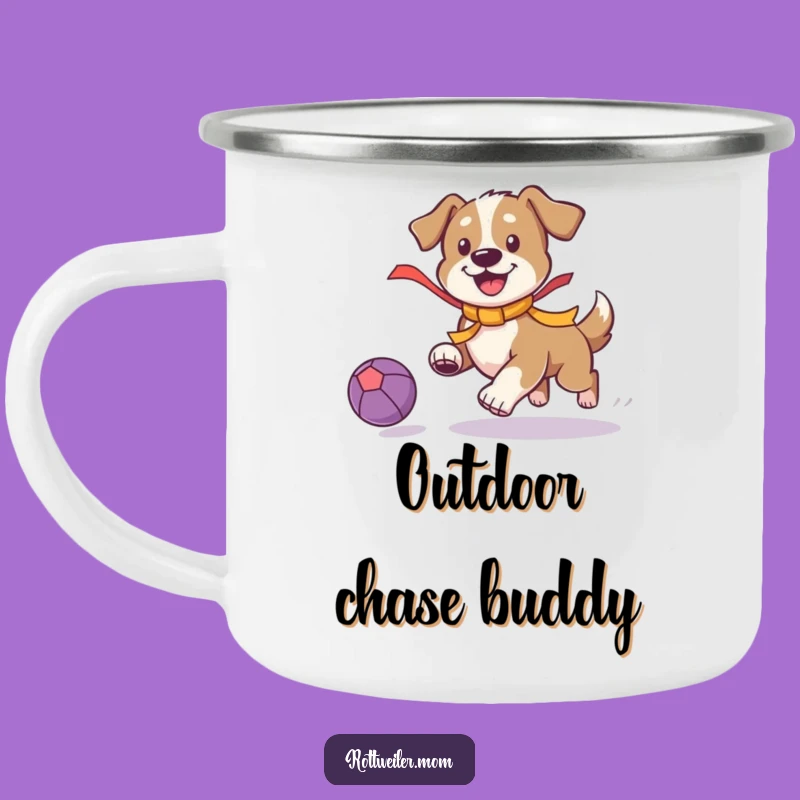 Funny Playful Dog Camping Mug: Ribbon Pup Chasing Ball - Energetic Outdoor Companion