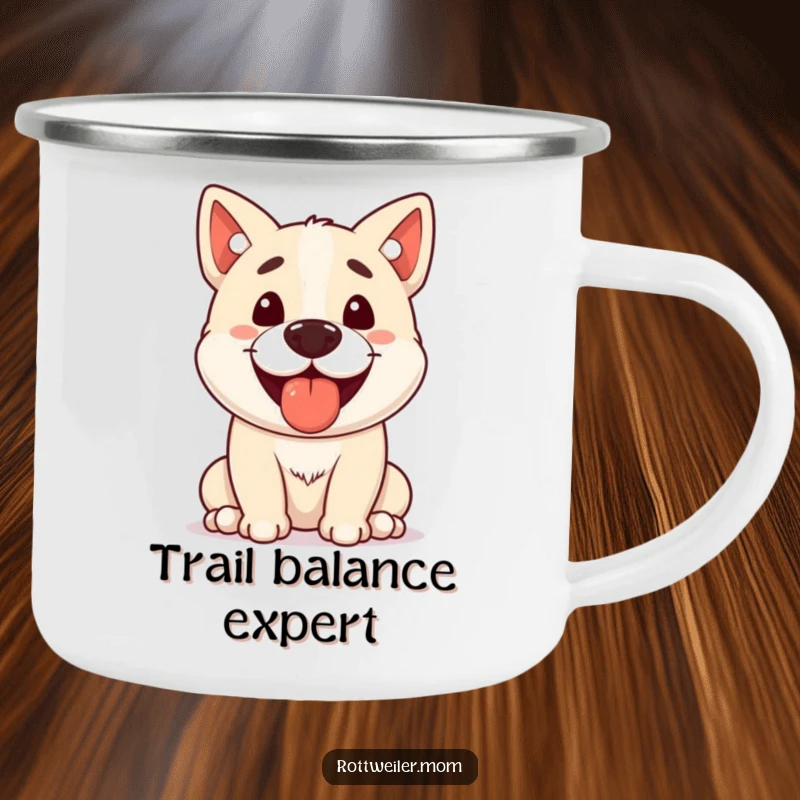 Funny Stocky Dog Camping Mug, depicting a happy dog panting with a treat balanced on its nose, great for outdoor enthusiasts.
