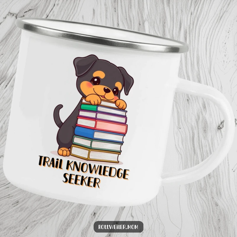Funny Rottweiler camping mug featuring a determined dog balancing books, perfect for outdoor reading sessions and study breaks.
