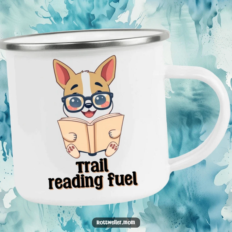Funny Bookworm Dog Camping Mug: Dog in glasses reading a large book, a humorous and durable outdoor companion.