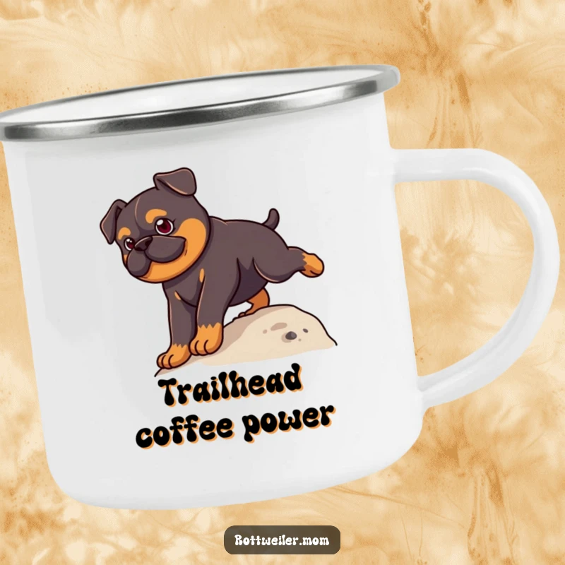 Funny Kawaii Rottweiler Camping Mug with a cute determined dog climbing a small hill, perfect for outdoor inspiration.