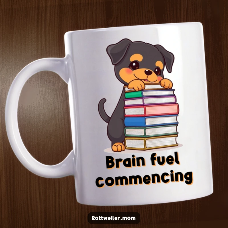 Funny Rottweiler mug with a determined wagging tail, hilariously trying to balance a tall stack of books, showcasing studious humor.