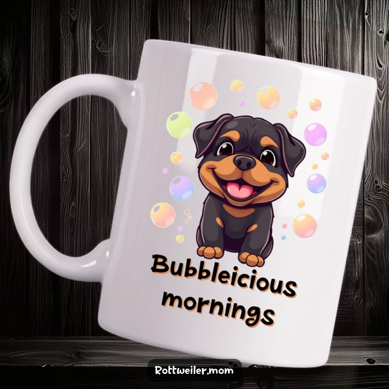 Funny mug featuring a smiling Rottweiler surrounded by floating, colorful bubbles, radiating happiness and playful charm.