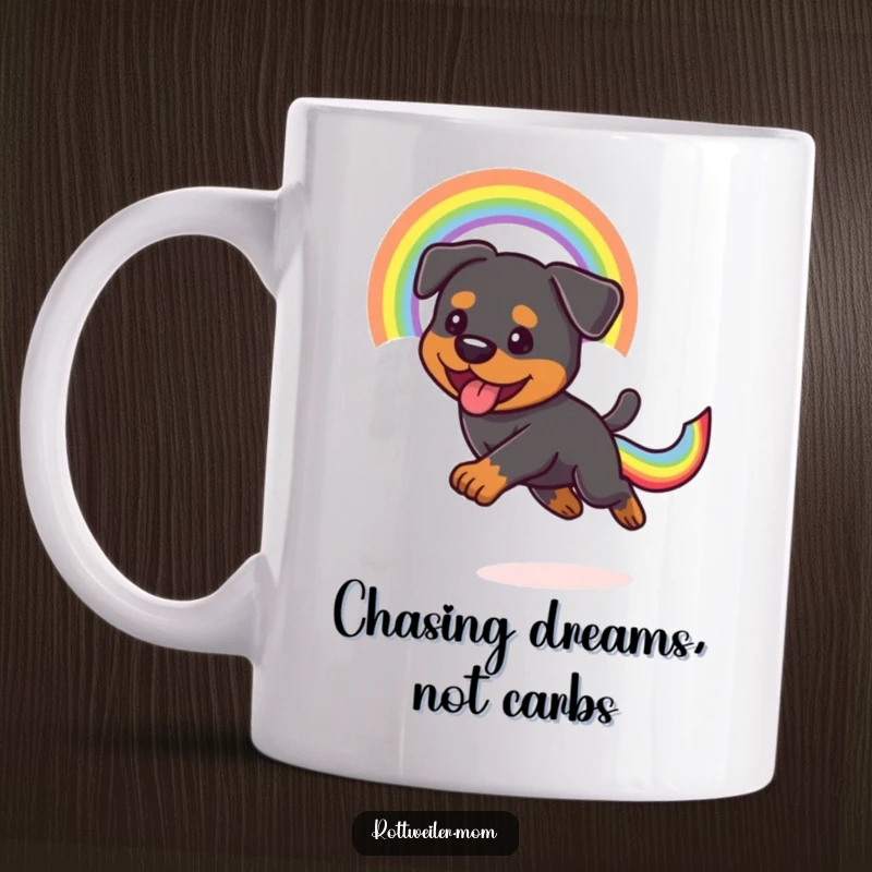 Funny Kawaii Rottweiler enthusiastically chasing a vibrant rainbow tail, depicted on a mug, a joyful and humorous design.