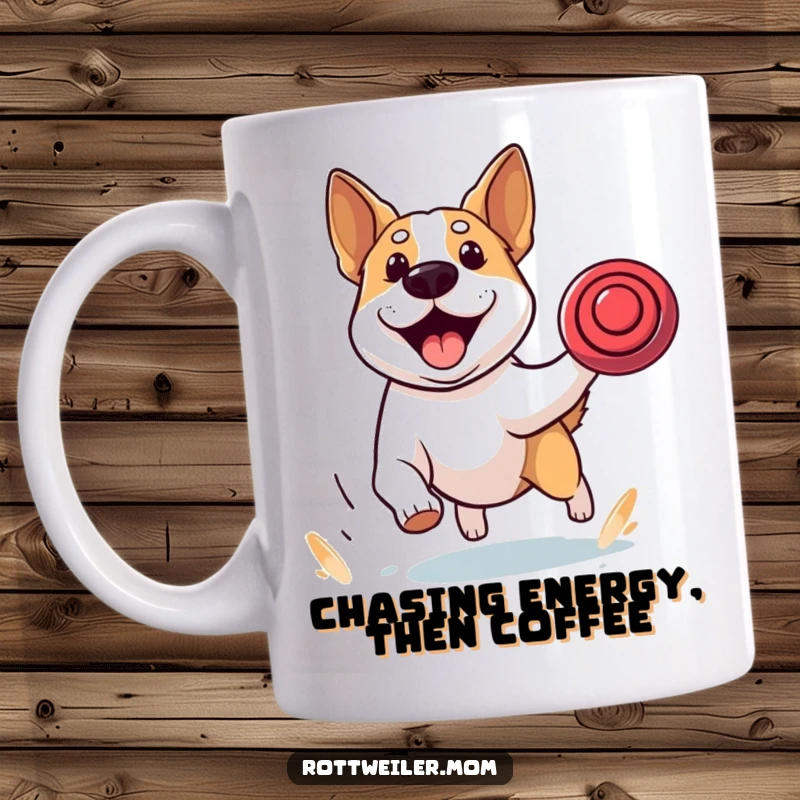 Funny mug showing a stocky dog with perked ears, intensely focused on chasing a frisbee with incredible, exhilarating energy and determination.