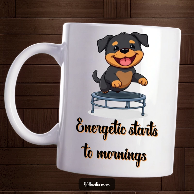 Funny Rottweiler puppy gleefully bounces high on a trampoline, grinning widely on this hilarious mug.