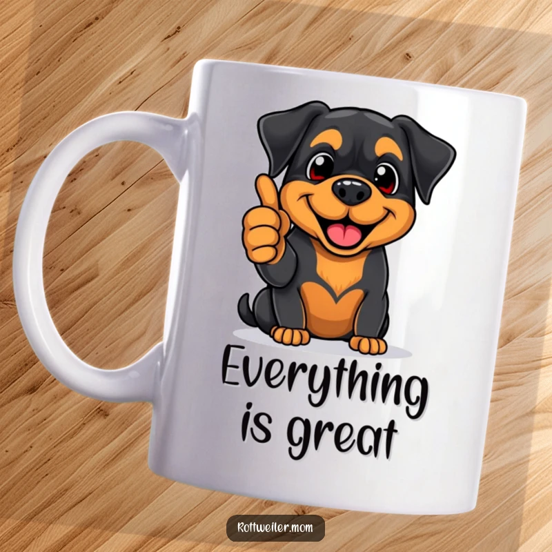 Funny Rottweiler mug featuring an enthusiastic pup giving a thumbs-up with a huge smile, radiating positivity and good vibes.