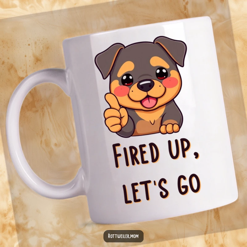 Funny Kawaii Rottweiler with pink rosy cheeks, proudly giving a thumbs-up gesture with its cute paw, looking happy.