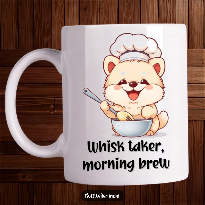 Funny Chef Dog Mug featuring a fluffy dog in a tiny chef hat, joyfully whisking batter with a large spoon, perfect for kitchen humor.