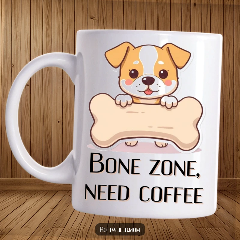 Funny Mug: A curious dog peeking from behind an oversized bone, showcasing playful mischief and unconditional love for snacks.