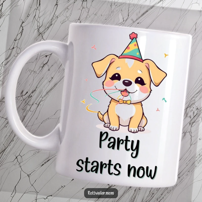 Funny dog mug showing a dog in a party hat blowing a streamer with pure glee, celebrating fun and happiness.