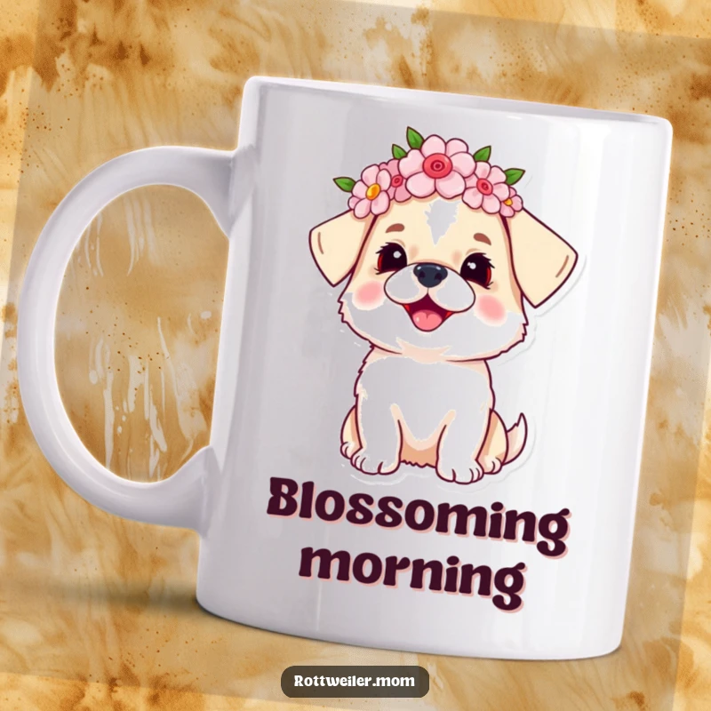 Funny dog mug showcasing a small dog wearing a vibrant flower crown, looking upwards with an expression of pure, unadulterated joy.