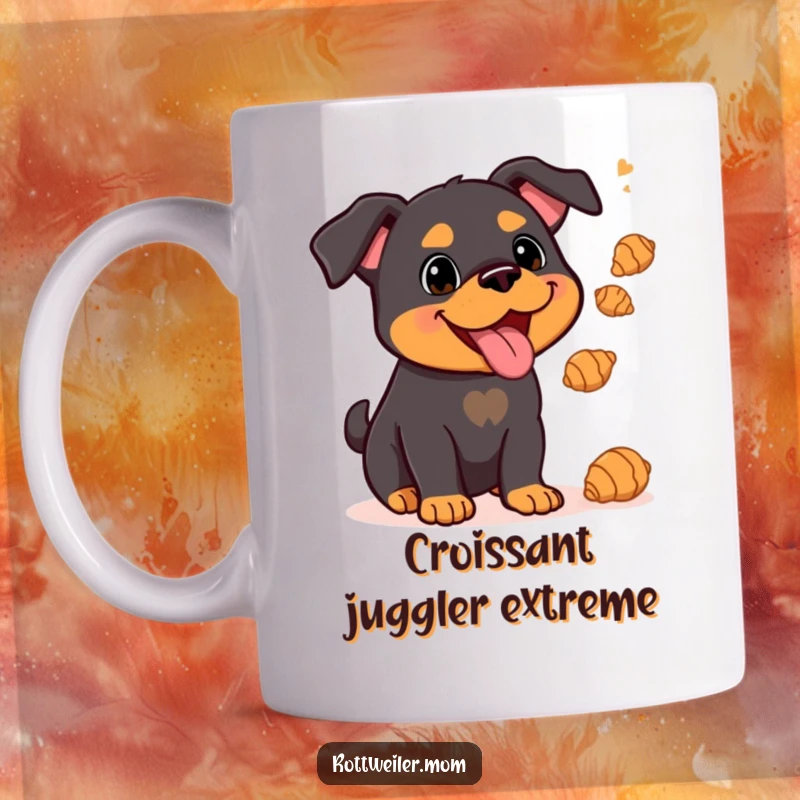 Funny Kawaii Rottweiler happily juggling small, flaky croissants on a mug, showcasing incredible skill and joy.