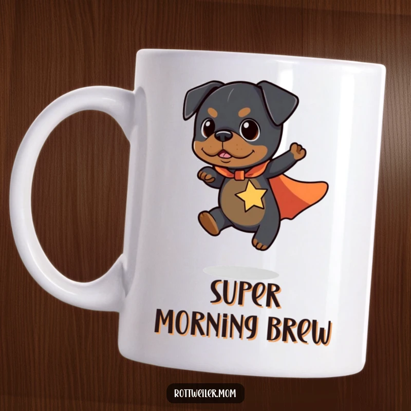 Funny Kawaii Rottweiler Mug showing a cute dog wearing a red superhero cape, flying short distances with a proud look.