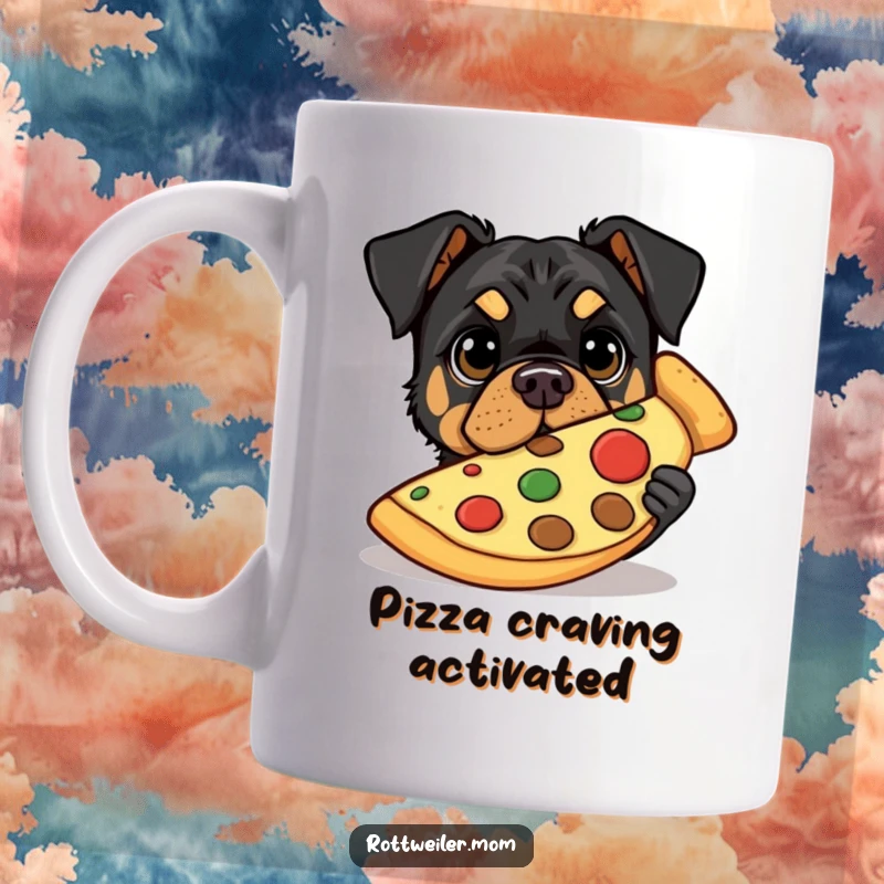 Funny mug featuring a Rottweiler with wide, innocent eyes peeking out from behind a massive slice of pizza.