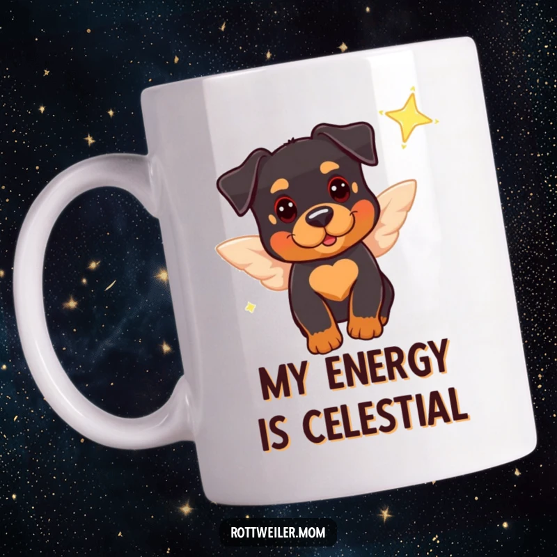 Funny mug depicting a cute Rottweiler with tiny wings, playfully flitting near a sparkling star, a whimsical and humorous gift idea.