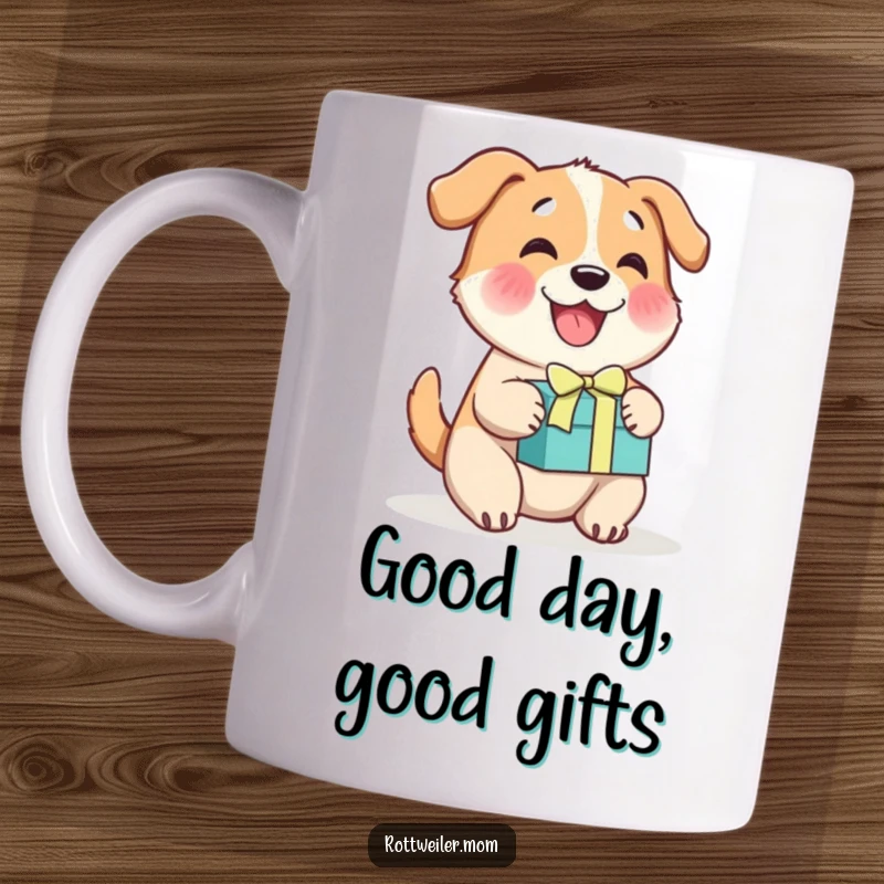 Funny cheerful dog mug, a happy dog wagging its tail enthusiastically beside a colorful gift box, radiating pure excitement.