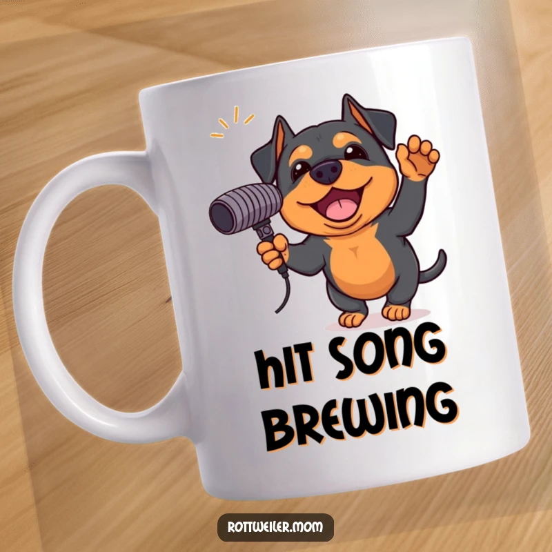 Funny Rottweiler mug featuring an excited dog holding a giant microphone, ready to perform with enthusiastic, singing energy.