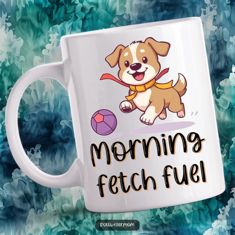 Funny Playful Dog Mug featuring a dog with a bright ribbon, playfully chasing a bouncing ball, capturing pure excitement.