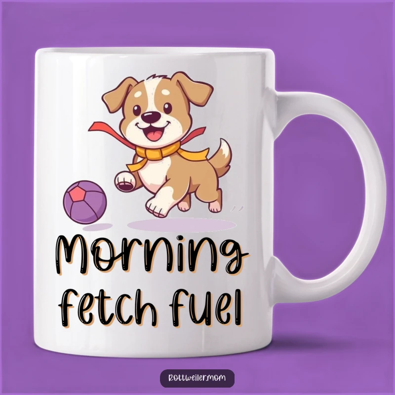 Funny Playful Dog Mug: Ribbon Pup Chasing Ball - Joyful Gift for Dog Lovers