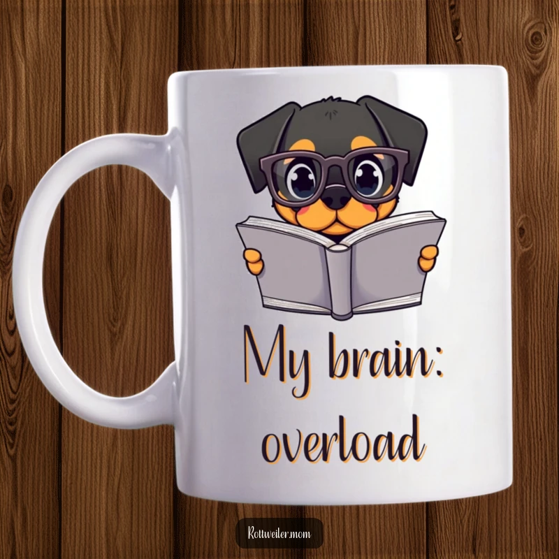 Funny Kawaii Rottweiler Mug with oversized glasses engrossed in a huge book, a perfect gift for a funny book lover.