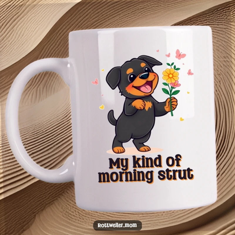 Funny Rottweiler Mug: A joyful Rottweiler dances enthusiastically while holding a vibrant bouquet of flowers, spreading happiness.