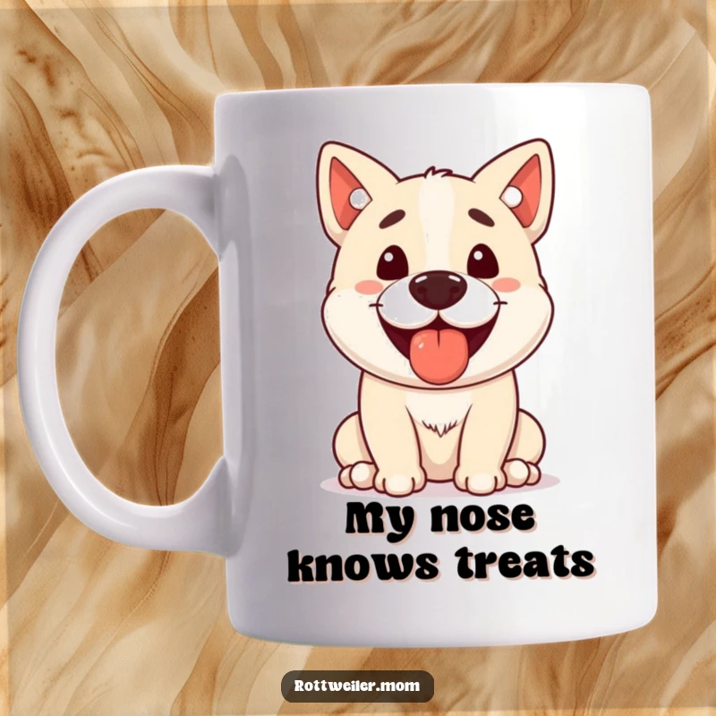 Funny Stocky Dog Mug, gleefully panting with a small treat precariously balanced on its nose, ready for a fun snack.