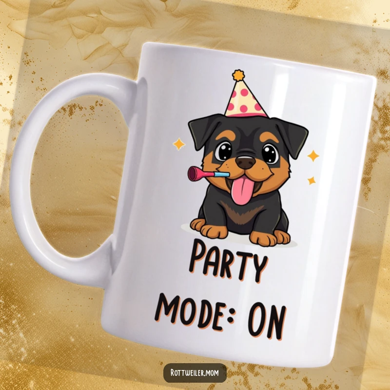 Funny mug featuring a Rottweiler puppy in a party hat, exuberantly blowing a noisemaker, capturing festive and humorous celebration.