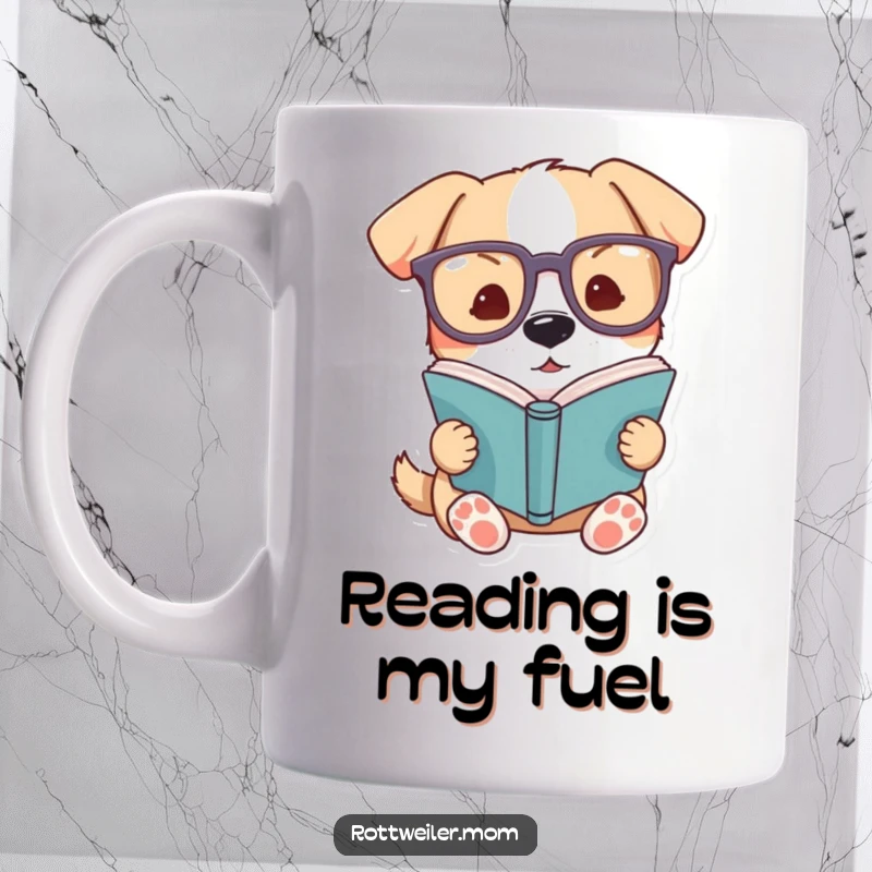 Funny dog mug with oversized glasses, a cute pup intently reading a book, embodying intellectual charm and humor.