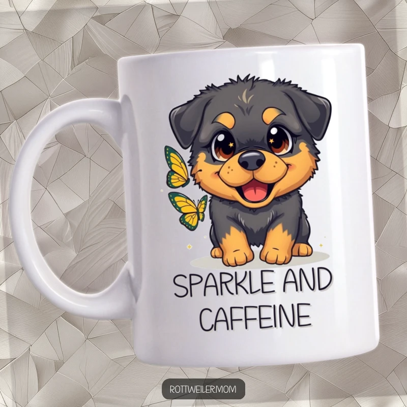 Funny mug with a fluffy Rottweiler featuring oversized, sparkling eyes, gleefully chasing a butterfly with joyful abandon.