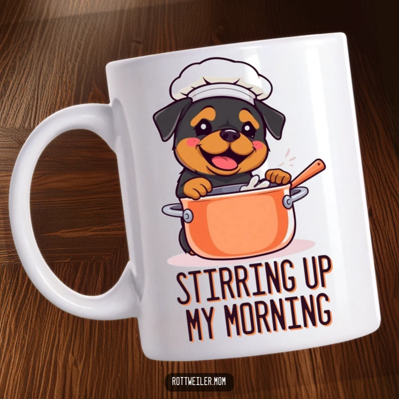 Funny Kawaii Rottweiler wearing a chef hat, excitedly stirring a giant pot on a mug, a culinary delight.