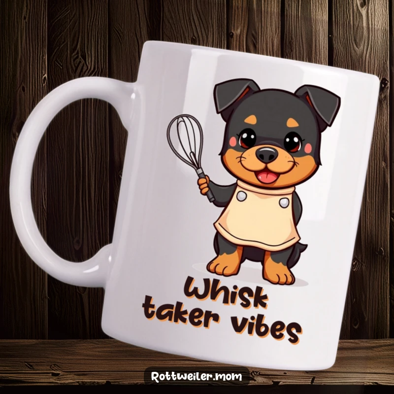 Funny mug showing a kawaii Rottweiler wearing an apron, happily holding a whisk, ready to create delicious treats.