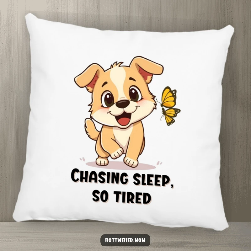 Funny Pillow: A soft cushion depicting a dog with excited eyes chasing a butterfly, bringing comfort and cheerful energy.