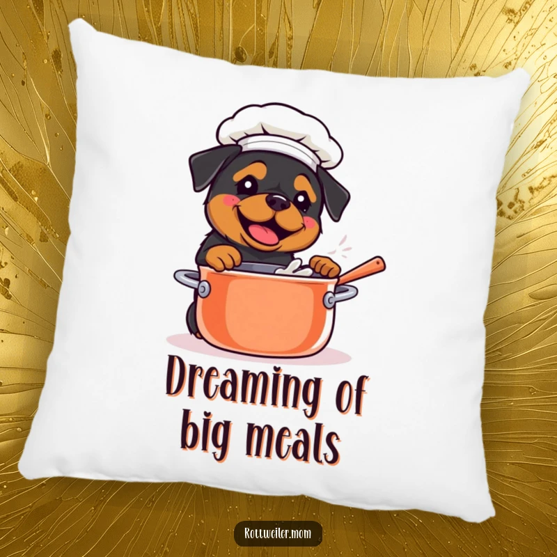 Funny Kawaii Rottweiler stirring a giant pot on a chef pillow, adding whimsical comfort and humor.
