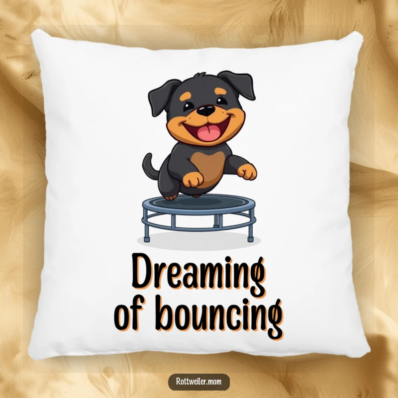Funny Rottweiler puppy bouncing high on a trampoline, a cheerful and funny scene for this cozy pillow.