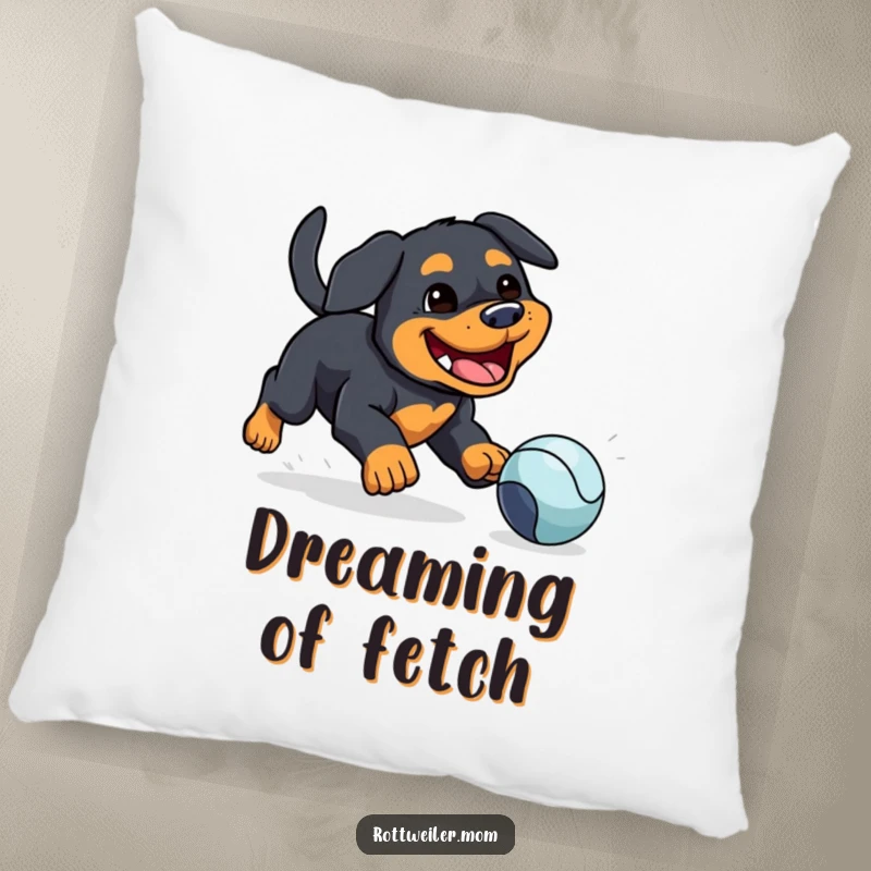 Funny pillow featuring a kawaii Rottweiler with a silly grin, enthusiastically chasing a ball, adding comfort and humor.