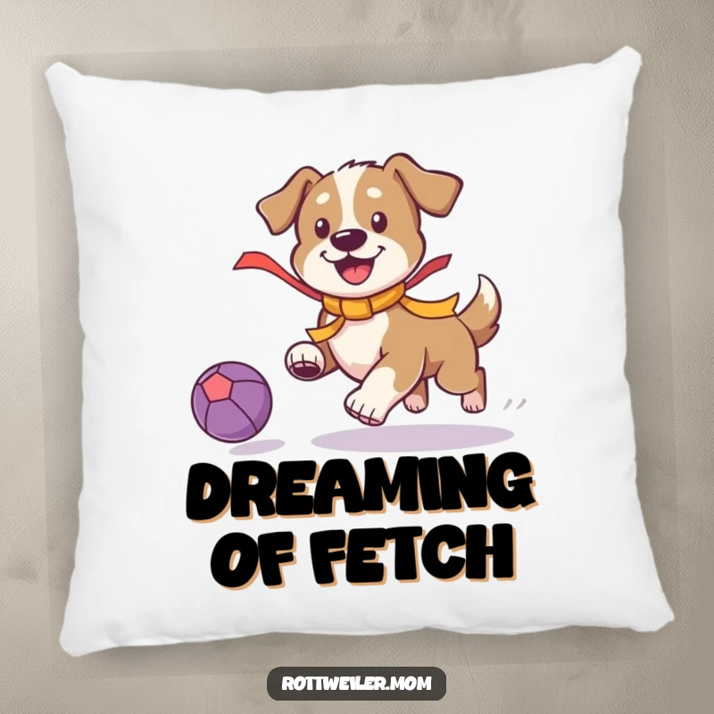 Funny Playful Dog Pillow: Dog with a ribbon chasing a ball, offering soft comfort and energetic humor.