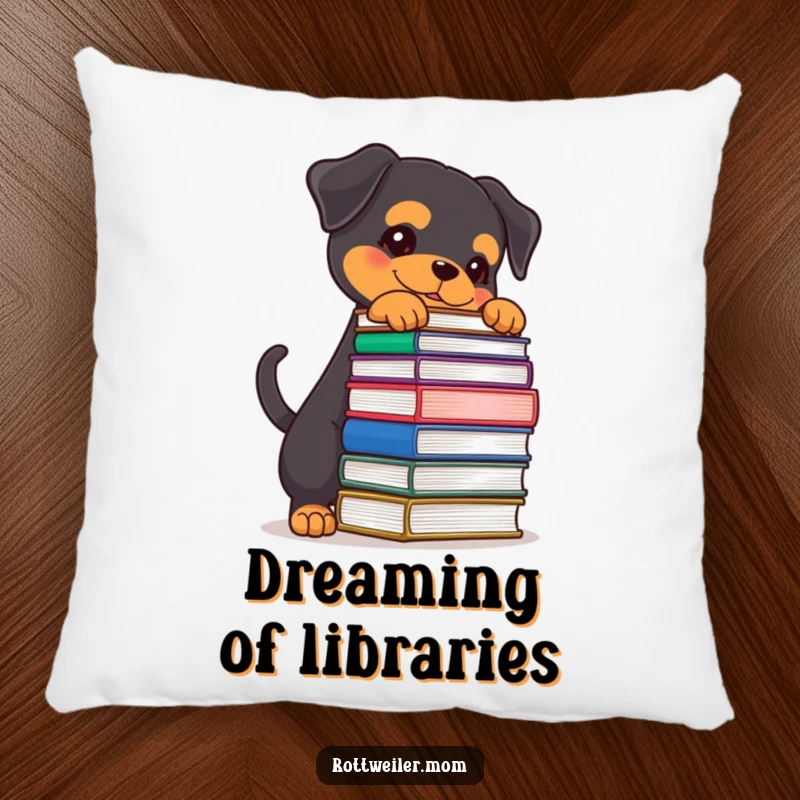Funny Rottweiler pillow featuring a determined dog attempting to balance a stack of books, a plush and funny addition to any book nook.