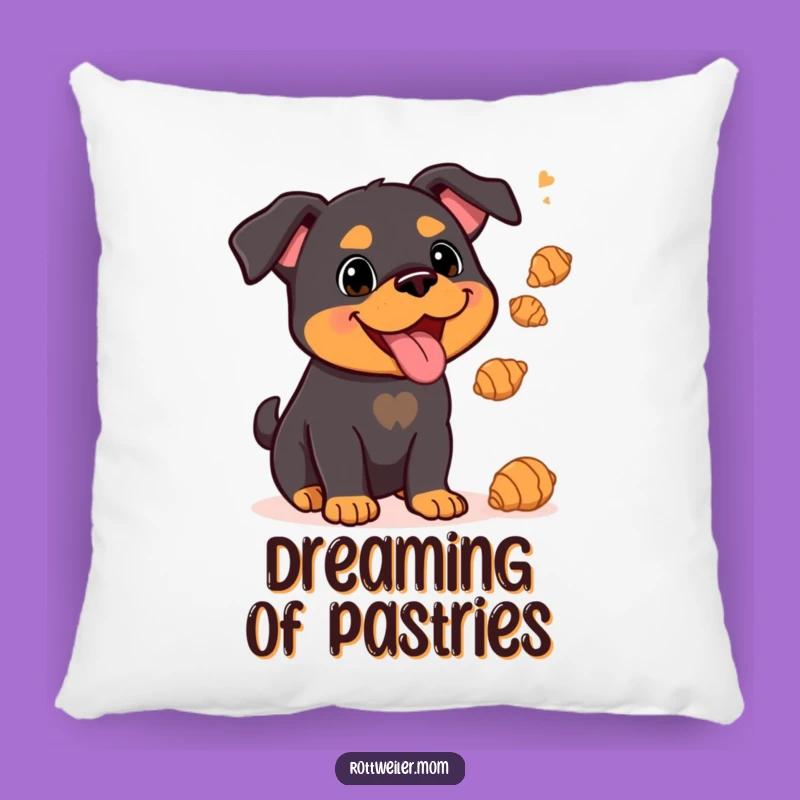 Funny Kawaii Rottweiler Pillow: Juggling Croissants, Cozy & Whimsical Gift