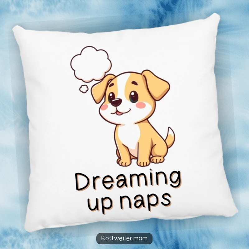 Funny cartoon dog pillow with a thought bubble, offering comfort and humorous contemplation for any space.