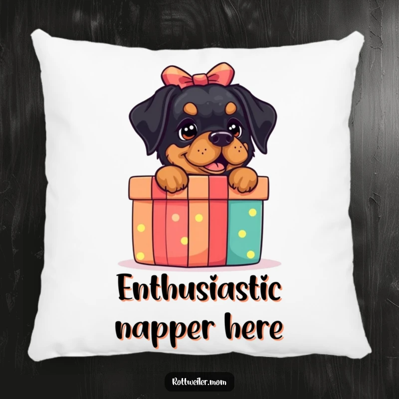Funny Rottweiler Gift Box Pillow: A soft pillow featuring a rottweiler peeking from a gift box, perfect for cozy spaces.