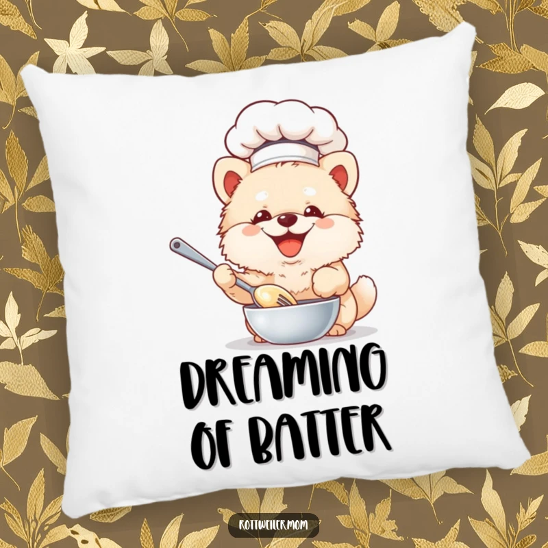 Funny Chef Dog Pillow: Fluffy dog in a chef hat joyfully whisks batter, offering cozy humor.