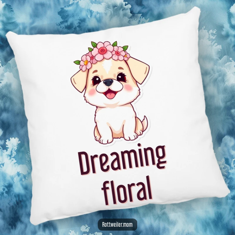 Funny dog pillow with a small dog wearing a lovely flower crown, looking upwards with an expression of pure, heartwarming joy.