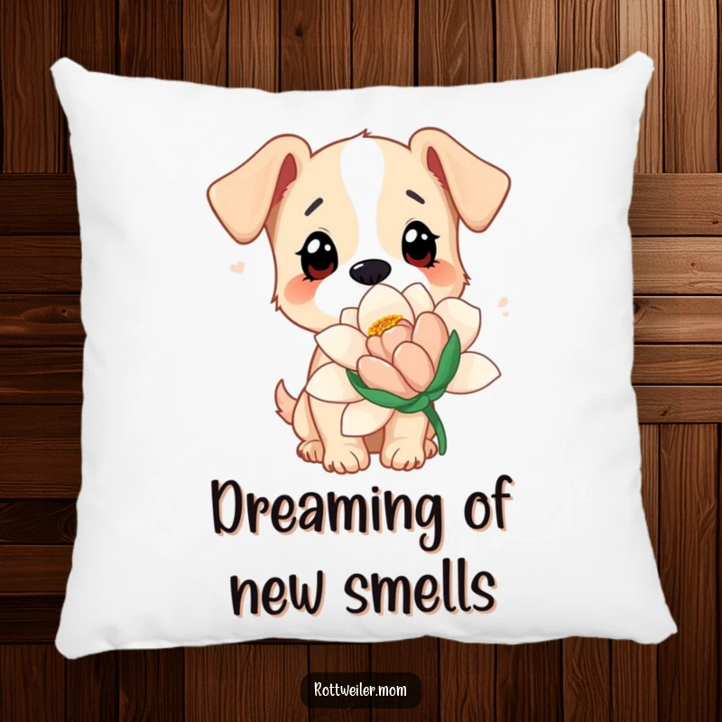 Funny dog pillow featuring a dog with wide eyes sniffing a giant flower, offering cozy comfort and whimsical decor.